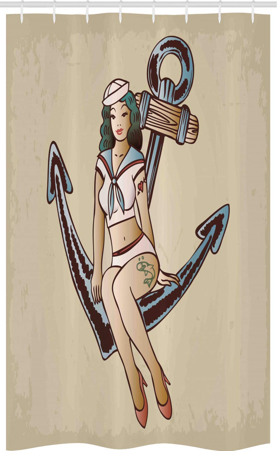 ABAKUHAUS Anchor Stall Shower Curtain | Vintage Pinup Girl | 47" x 70"