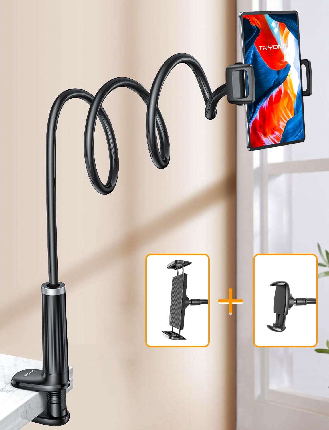 TRYONE Gooseneck Phone & Tablet Stand | Adjustable Bed & Desk Mount