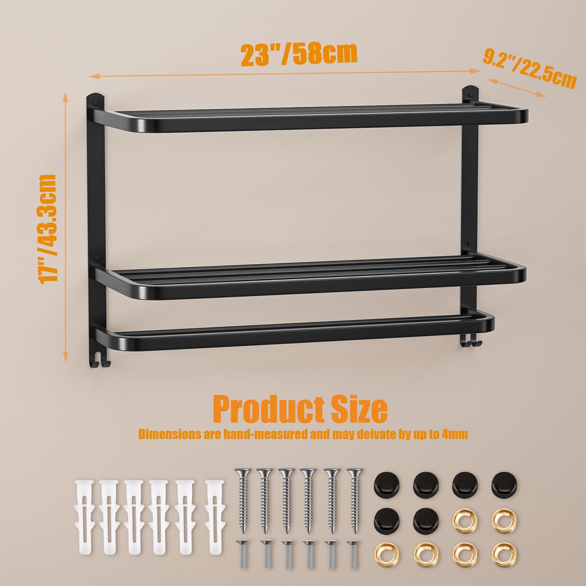 3-Tier Matte Black Towel Rack – SUS304 Stainless Steel Shelf