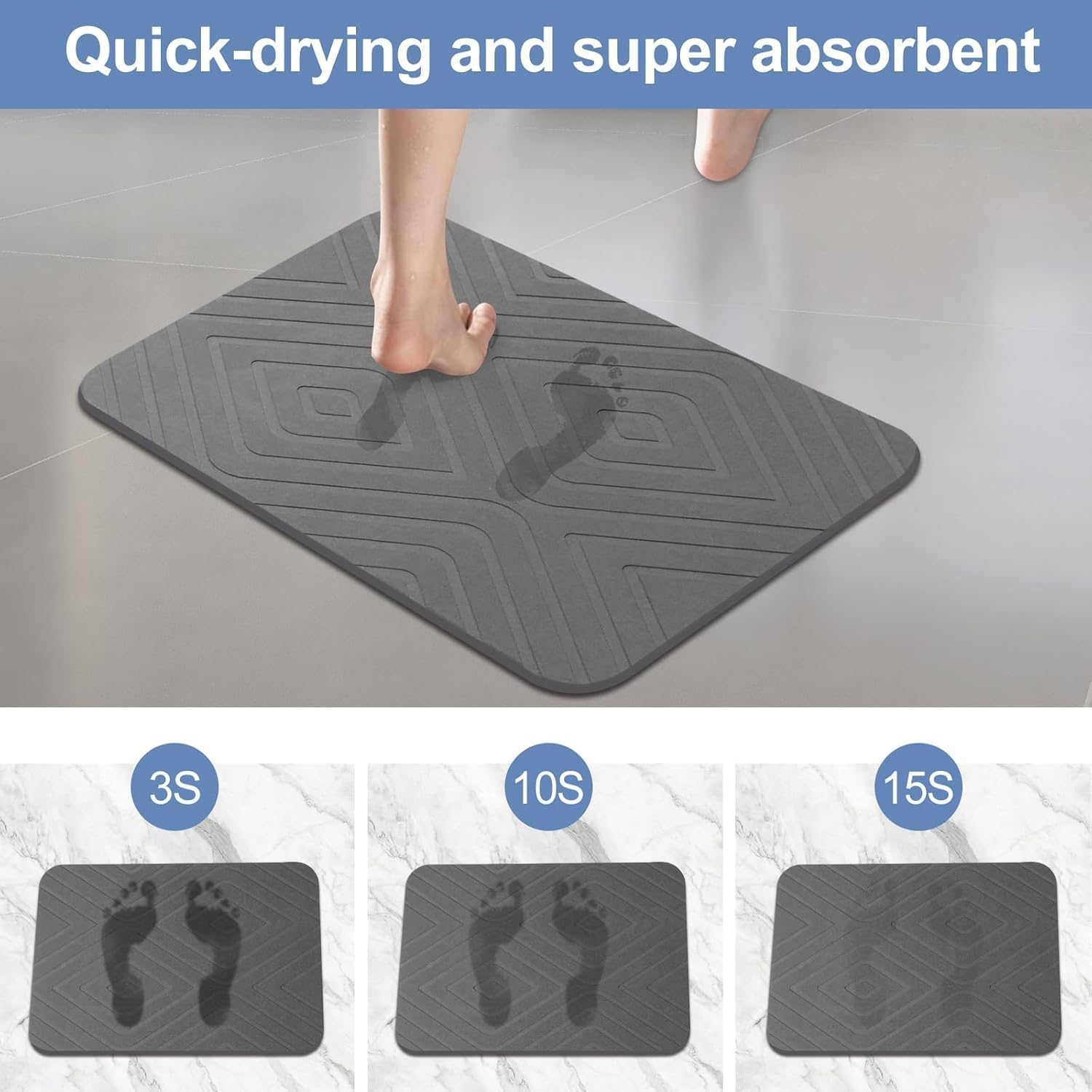 HUMIGA 2 Pack Diatomaceous Earth Stone Bath Mat – Non-Slip Grey, 24x15