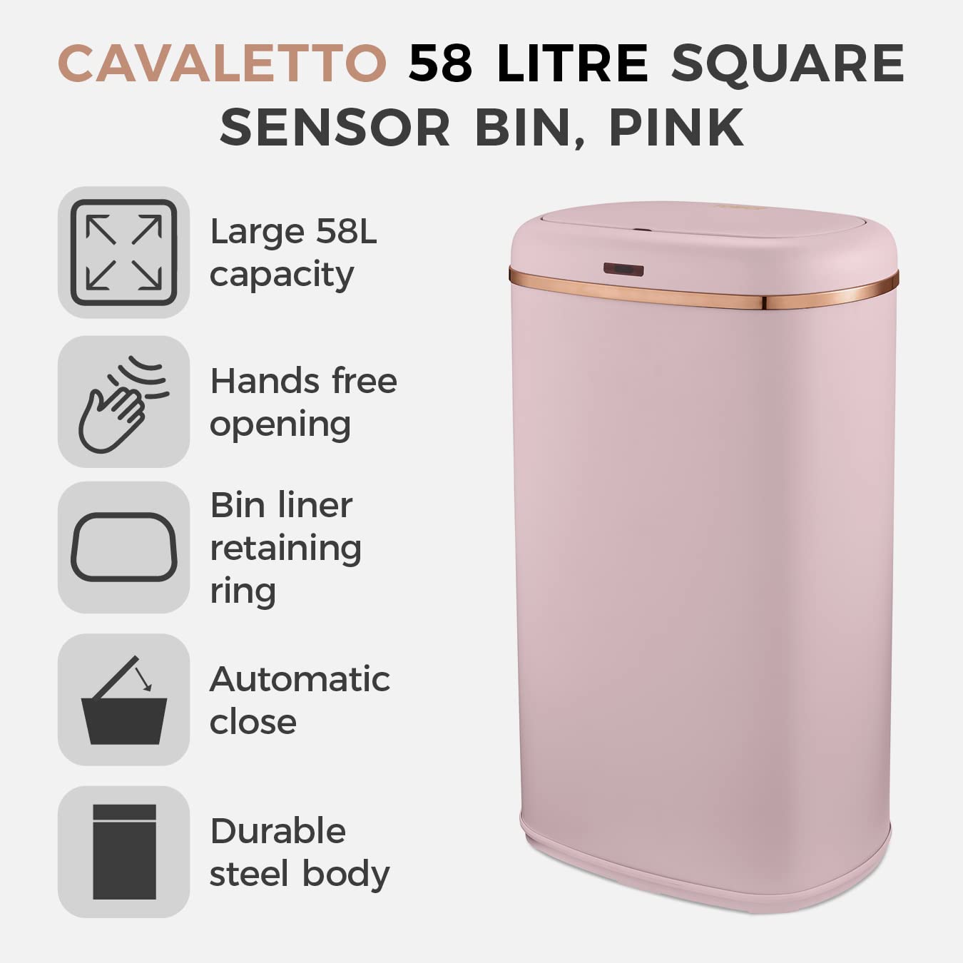 Tower Cavaletto Square Sensor Bin – 58L Large Kitchen Waste Bin, Pink