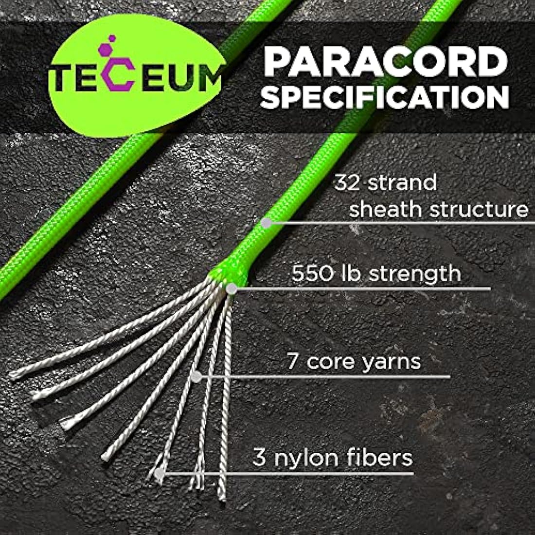 TECEUM 550lb Paracord – 4mm Nylon Tactical Rope for Survival and Camping