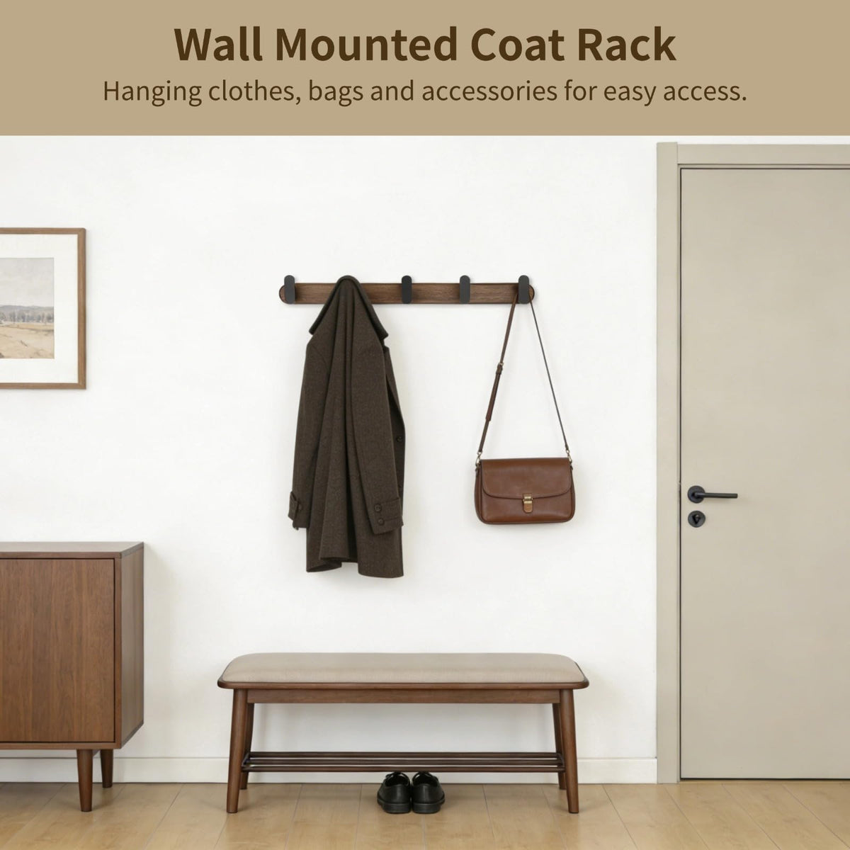 Varku Coat Hooks Wall Mounted, Walnut Wood Coat Hooks, Coat Rack Wall Mounted with 5 Hooks, No-Drill Installation - image 2