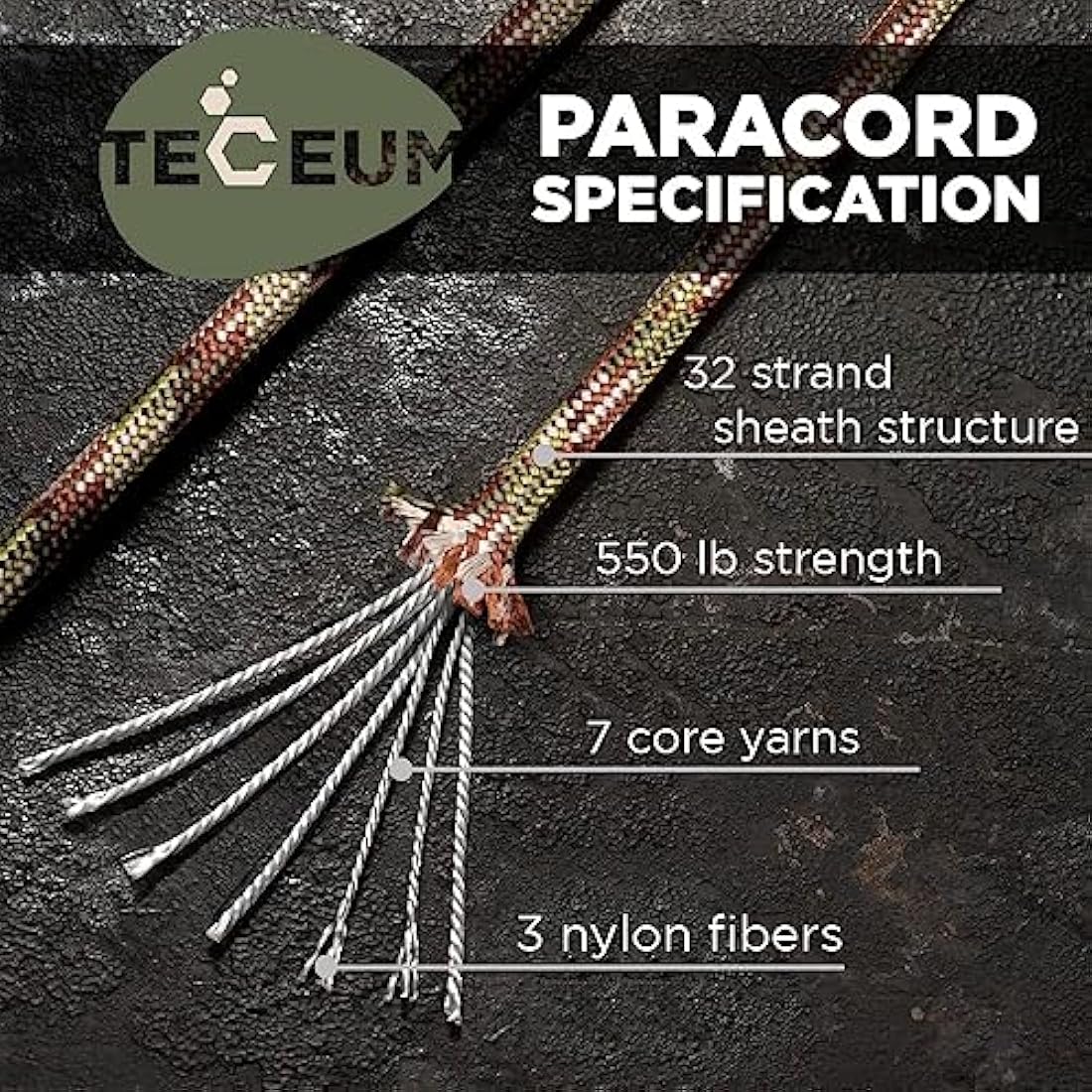 TECEUM 550lb Paracord – 4mm Nylon Tactical Survival Rope for Camping