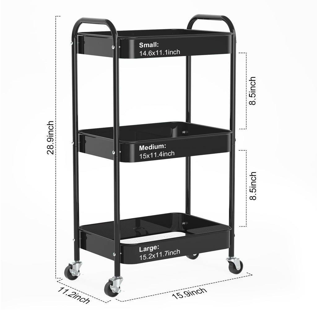 PNVXNUS 3-Tier Rolling Cart, Metal Utility Storage Carts with Wheels, Black - image 2