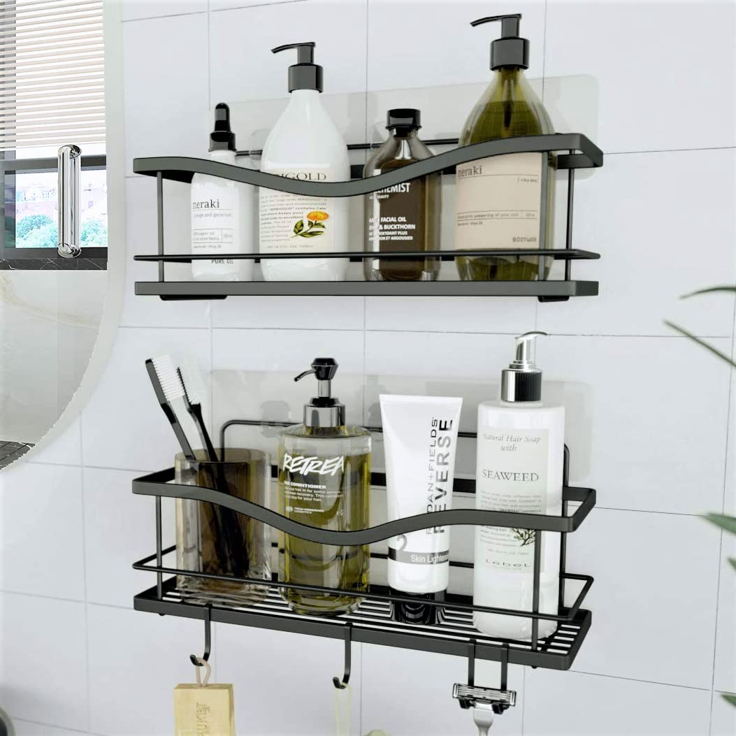 KINCMAX Shower Caddy 2-Pack | Matte Black Stainless Steel Adhesive Shelves