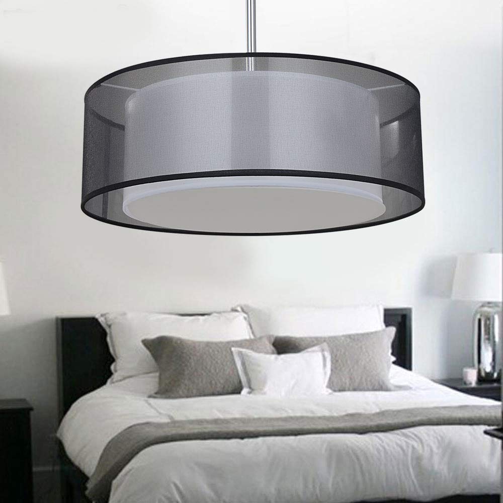 SPARKSOR Modern 2-Tier Black Fabric Drum Pendant Light – 50cm Ceiling Lamp