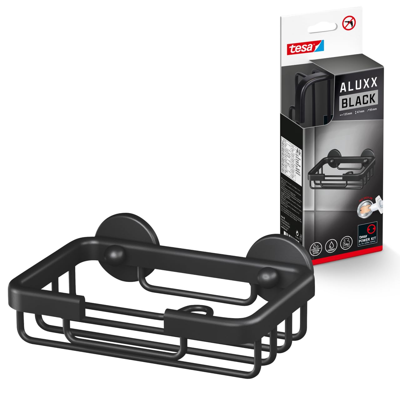 tesa ALUXX BLACK Wall Mounted Soap Dish – Matt Black Drill-Free Holder