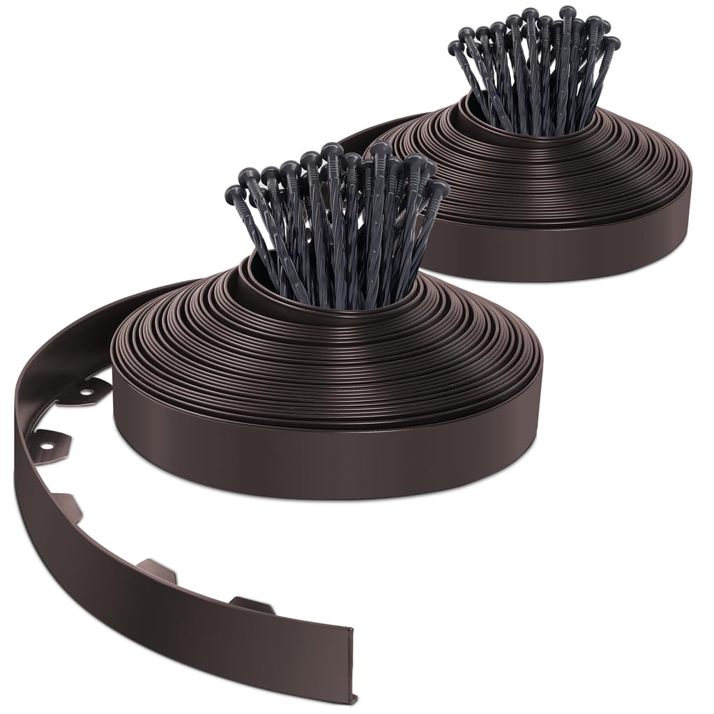 VOUNOT 40m Flexible Garden Edging Border with 80 Pegs - Brown PVC
