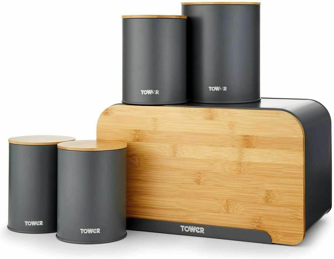 Tower Scandi 5 Piece Kitchen Storage Set with Bamboo Lids – Grey