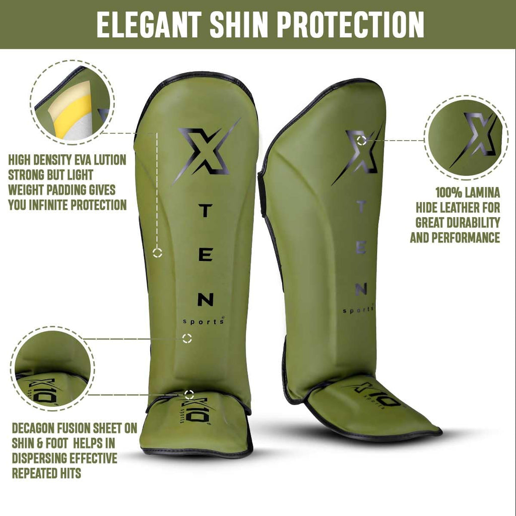 XTEN SPORTS Muay Thai Shin Guards – Gel Padded Leather – Olive Green