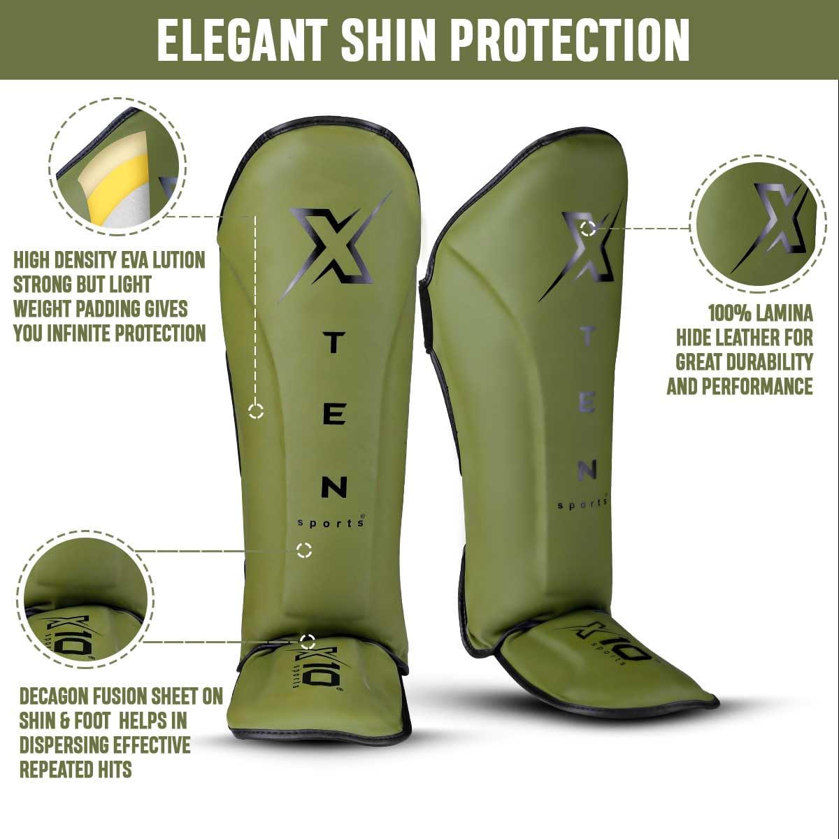 XTEN SPORTS Muay Thai Shin Guards – Gel Padded Leather – Olive Green