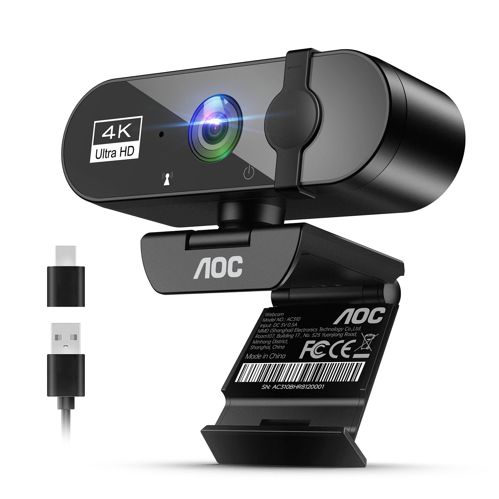 AOC 4K Webcam with Microphone – Noise Cancelling Computer Camera