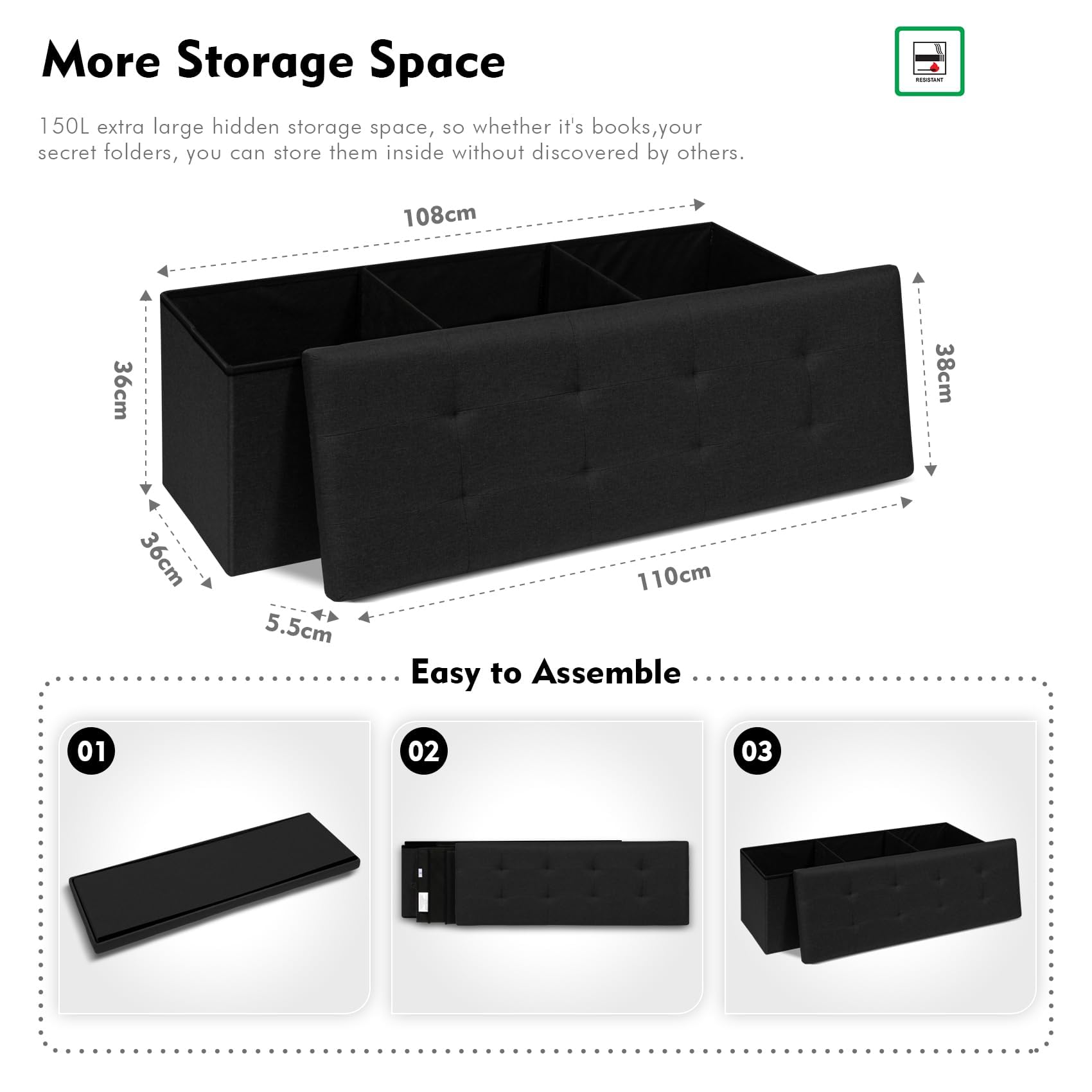 Bonlife 110cm Storage Ottoman Bench | Extra Large Folding Toy Chest