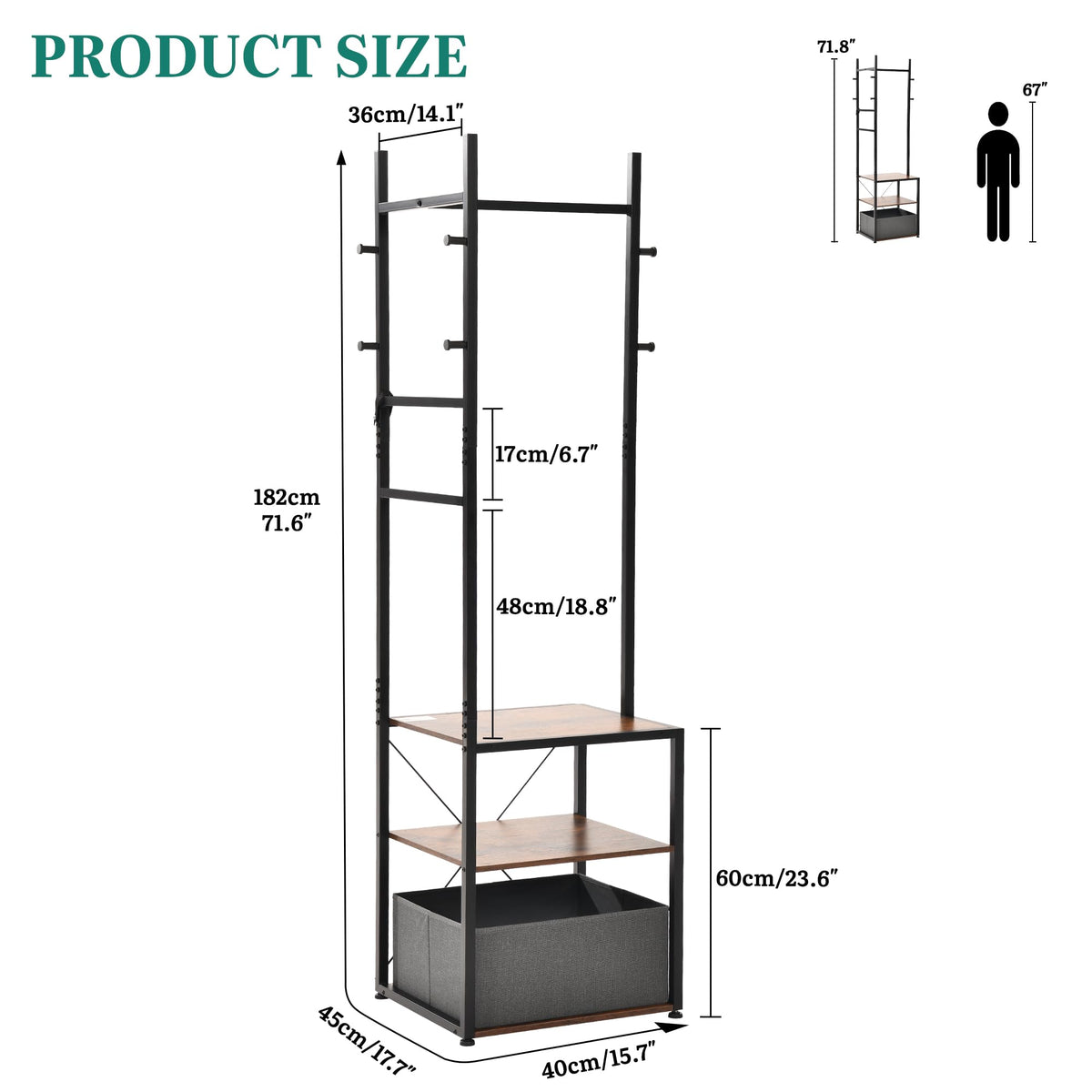 YITAHOME Coat Stand, Clothes Rack Hall Tree with Shelves & Hooks, Brown - image 3