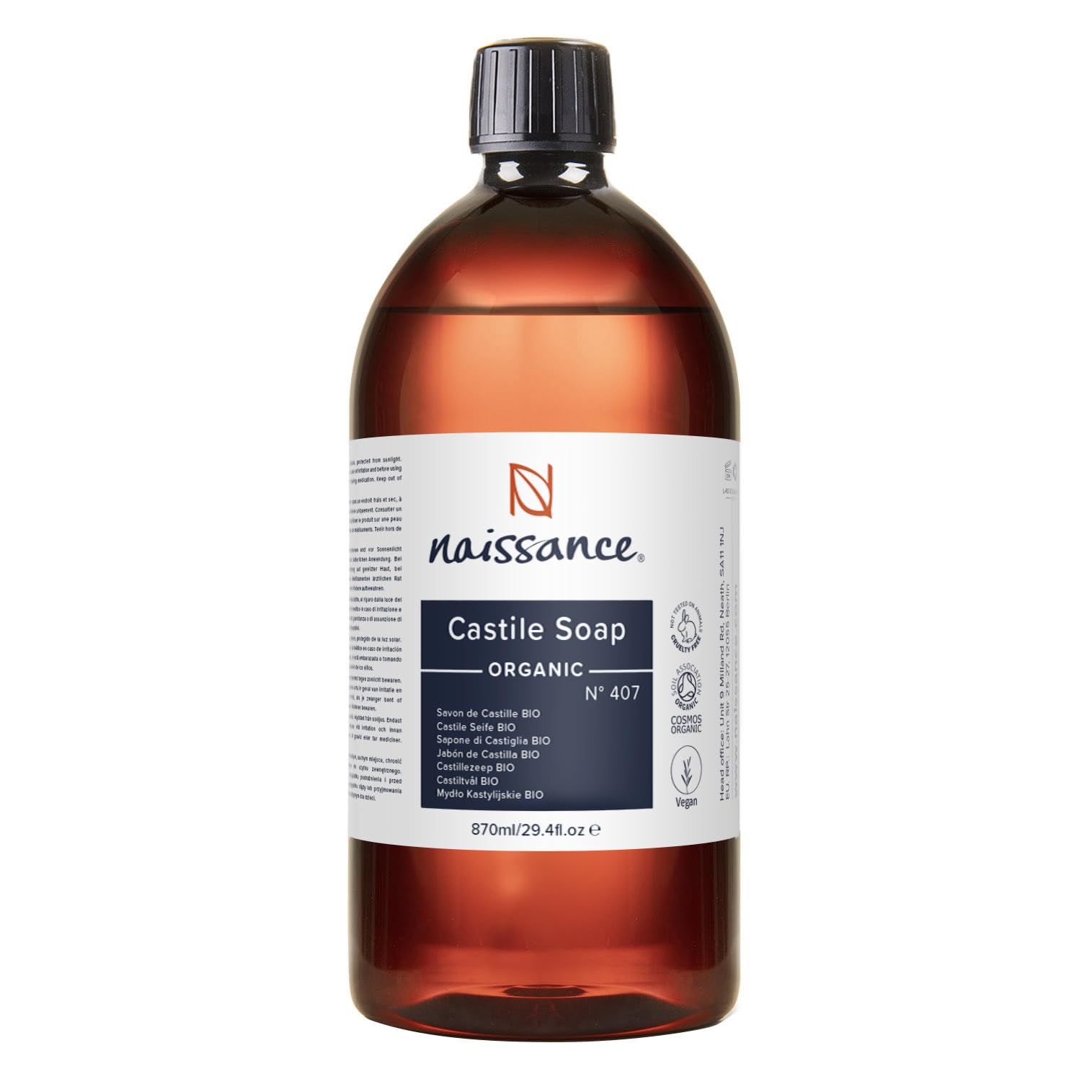 Naissance Organic Liquid Castile Soap – 870ml Unscented Vegan Cleanser