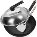 Souped Up Recipes 12.5 Inch Carbon Steel Wok with Lid and Spatula