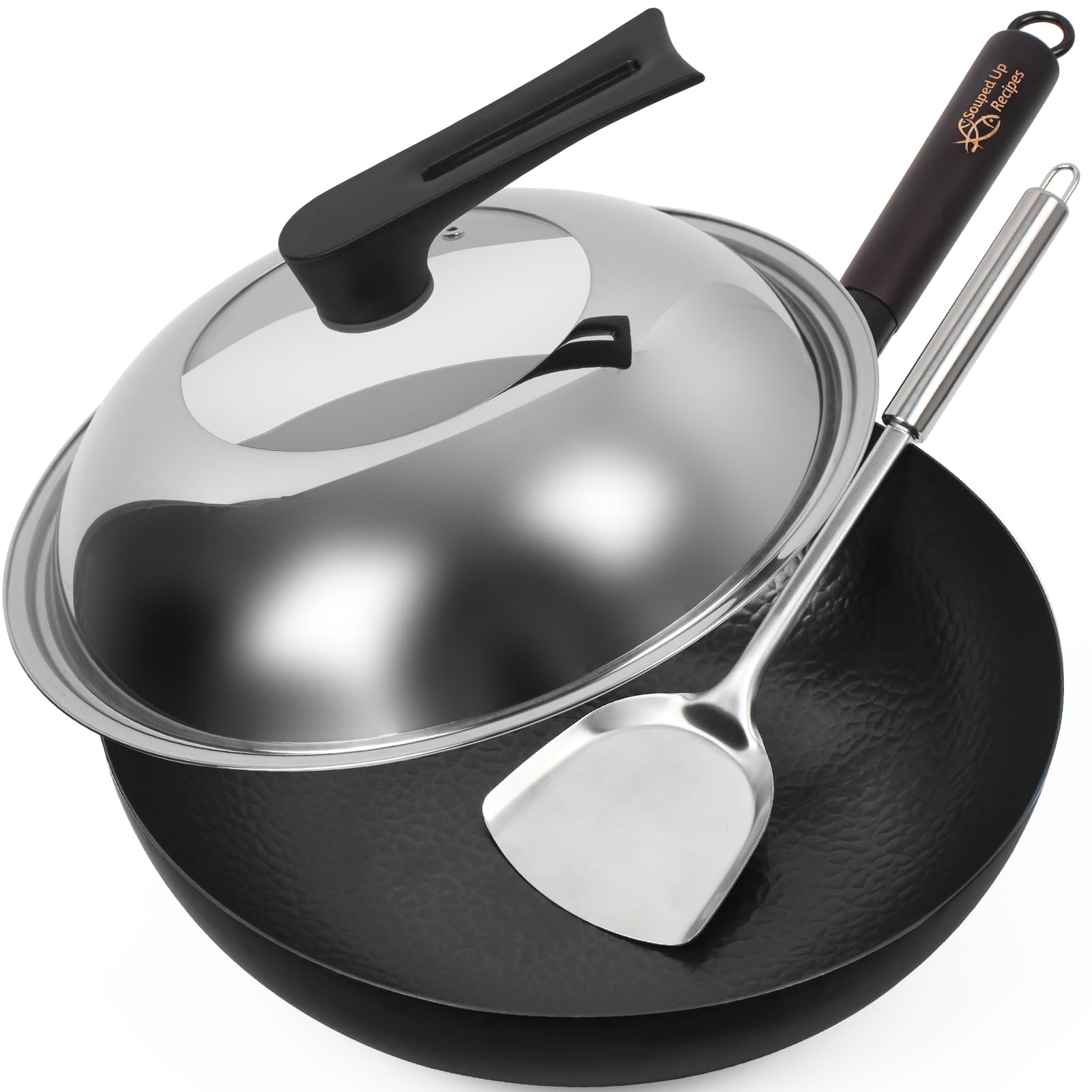 Souped Up Recipes 12.5 Inch Carbon Steel Wok with Lid and Spatula
