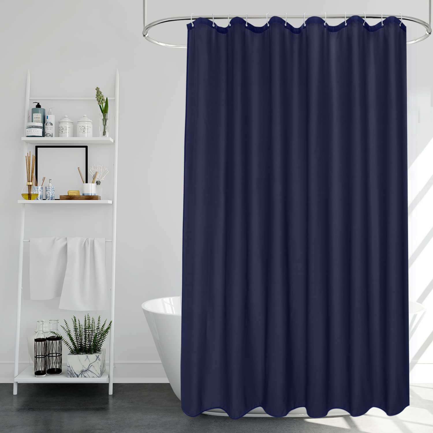 EurCross Navy Blue Fabric Shower Curtain – Extra Long 180x210cm Weighted Hem