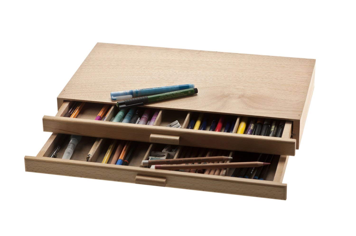 Frisk Wooden Art Storage Chest – 2-Drawer Beechwood Pencil Organizer
