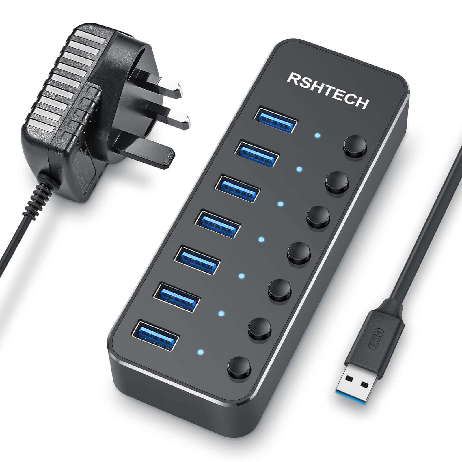 RSHTECH 7-Port Powered USB 3.0 Hub – Aluminum Data Splitter (RSH-518)