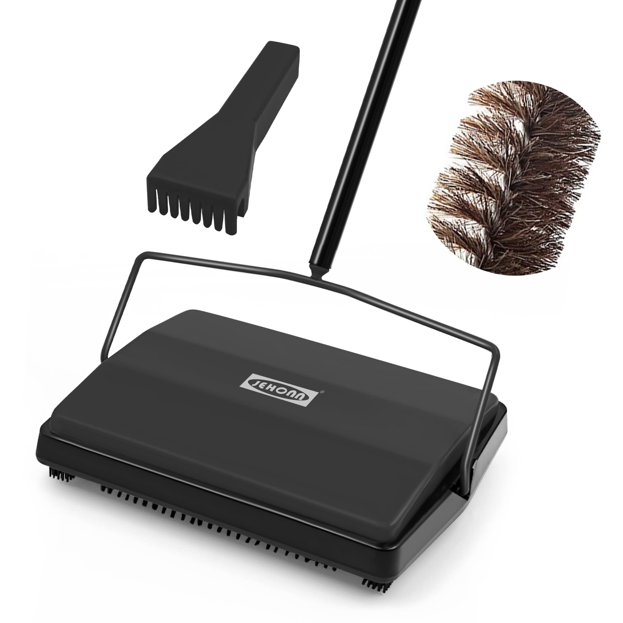 JEHONN Manual Carpet Sweeper | Horsehair Rug Roller for Pet Hair - Black