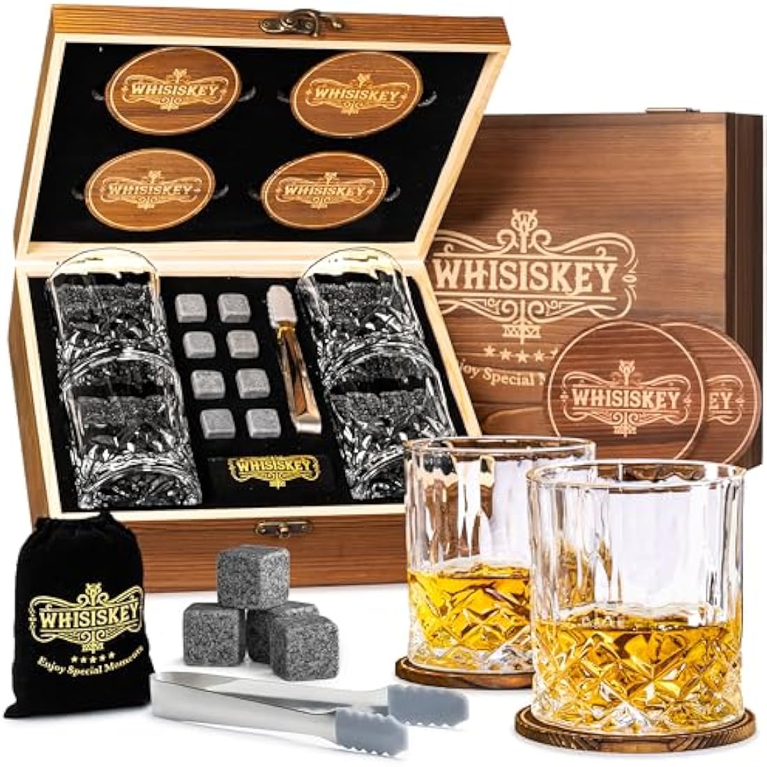 Whisiskey Glass Set – 4 Whiskey Glasses and 8 Stones Gift Set for Men
