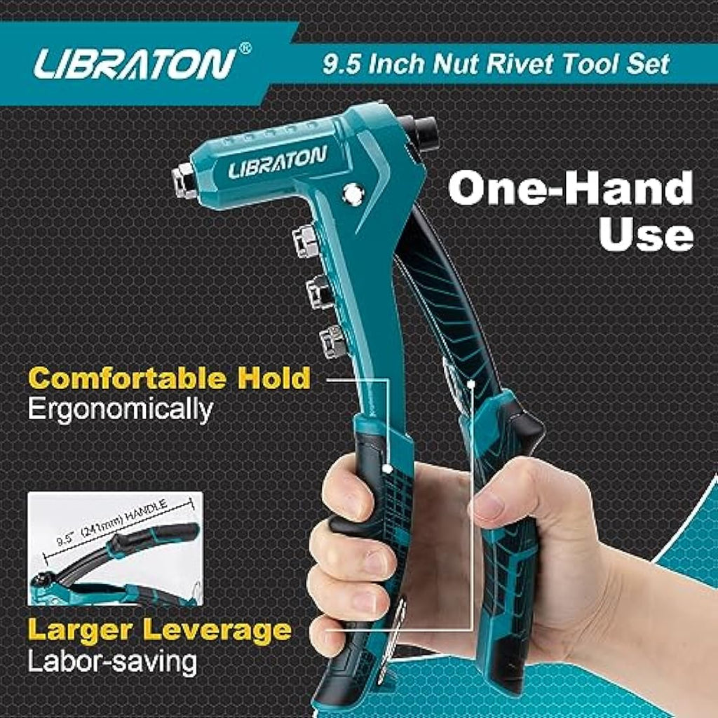 Libraton 9.5" Rivet Nut Tool Kit | One-Handed Riveter with 40 Nuts