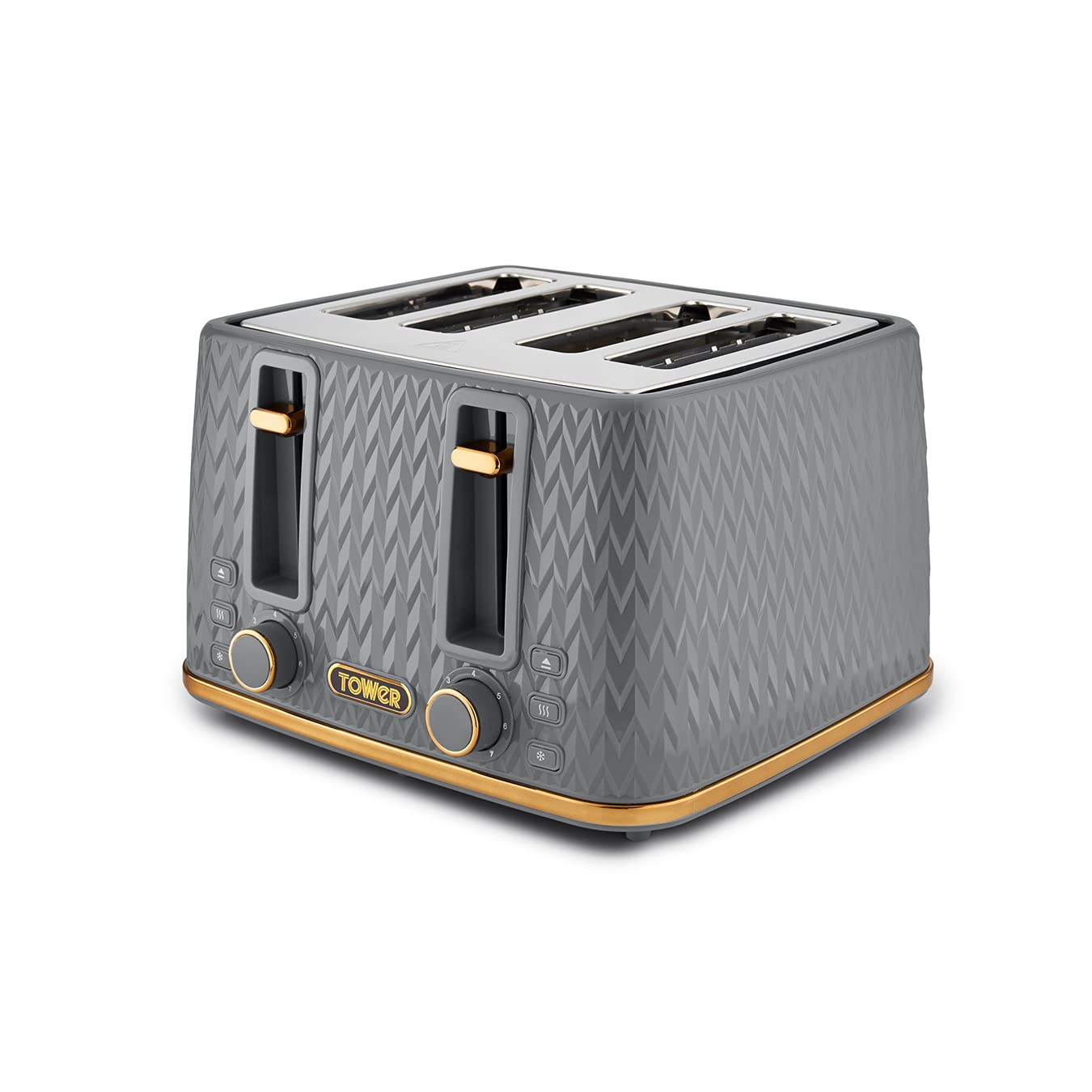 Tower Empire 4-Slice Toaster | 1600W with Defrost & Reheat - Grey/Brass