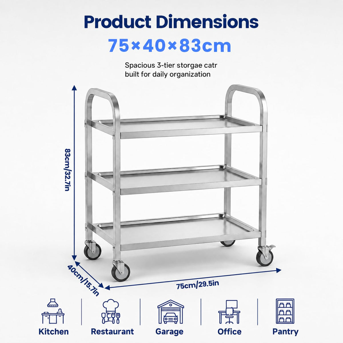 3 Tier Stainless Steel Cart, Rolling Catering Storage Cart 75×40×83cm - image 3