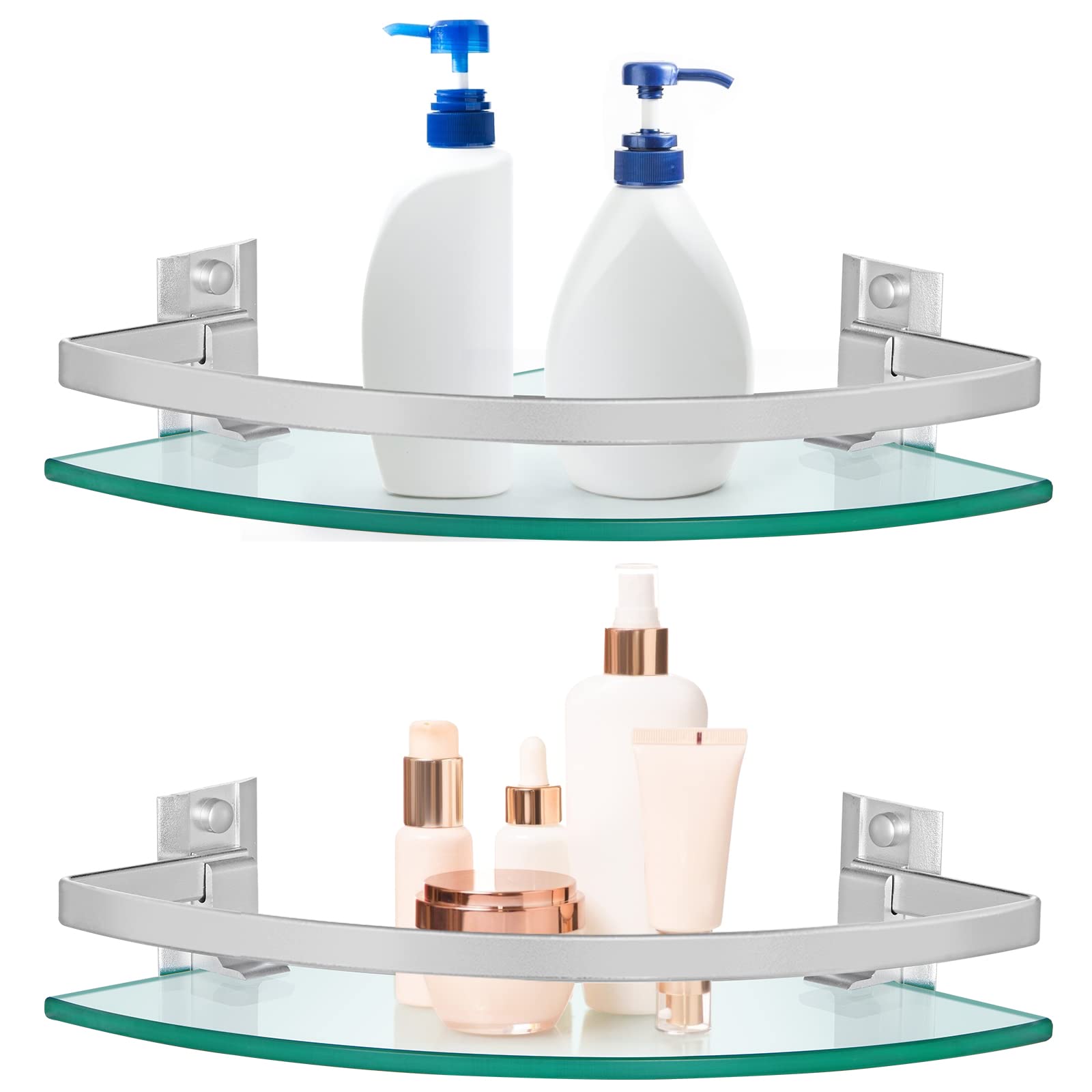 Skelang 2-Pack Tempered Glass Corner Shower Caddy with Rail | 8mm Thick