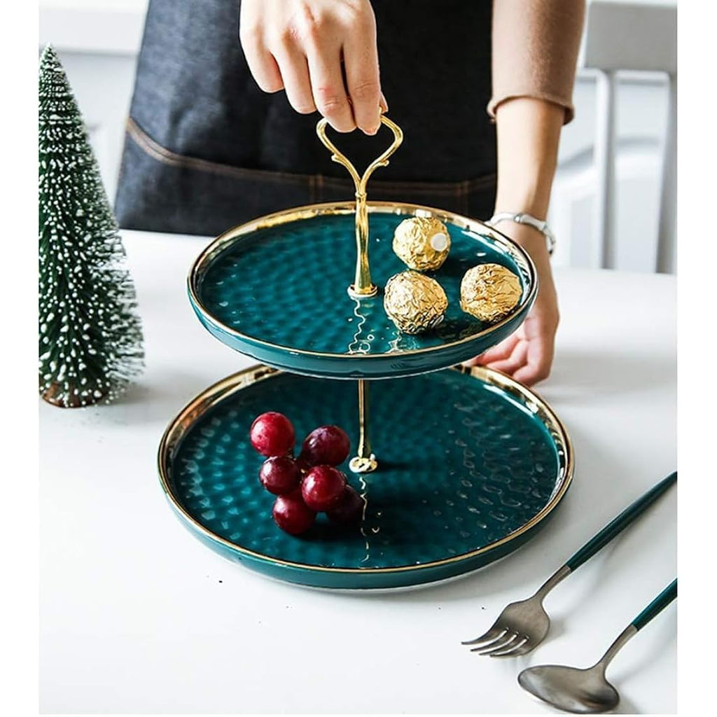 MEETOZ 2-Set Round Porcelain Tiered Cupcake Stand with Gold Rod - Green
