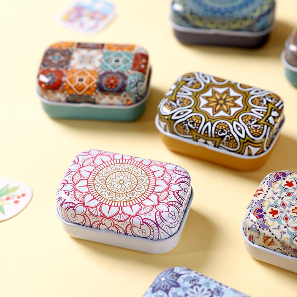 CCUUHJ 8 Pack Rectangular Small Tin Box Metal Hinged Tins for Candies Jewelry, 6X4X2.5 CM Ethnic Pattern - image 4