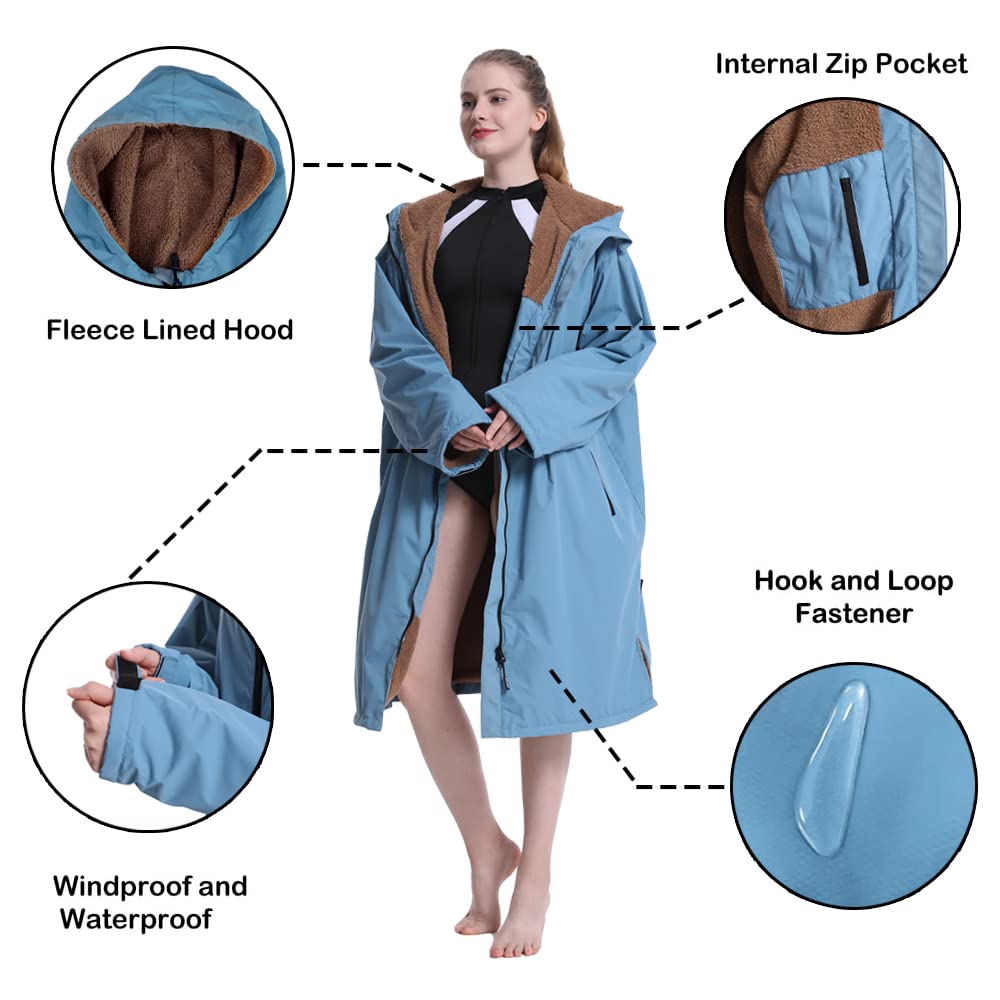 Hiturbo Waterproof Changing Robe – Fleece Lined Surf Poncho Coat in Blue