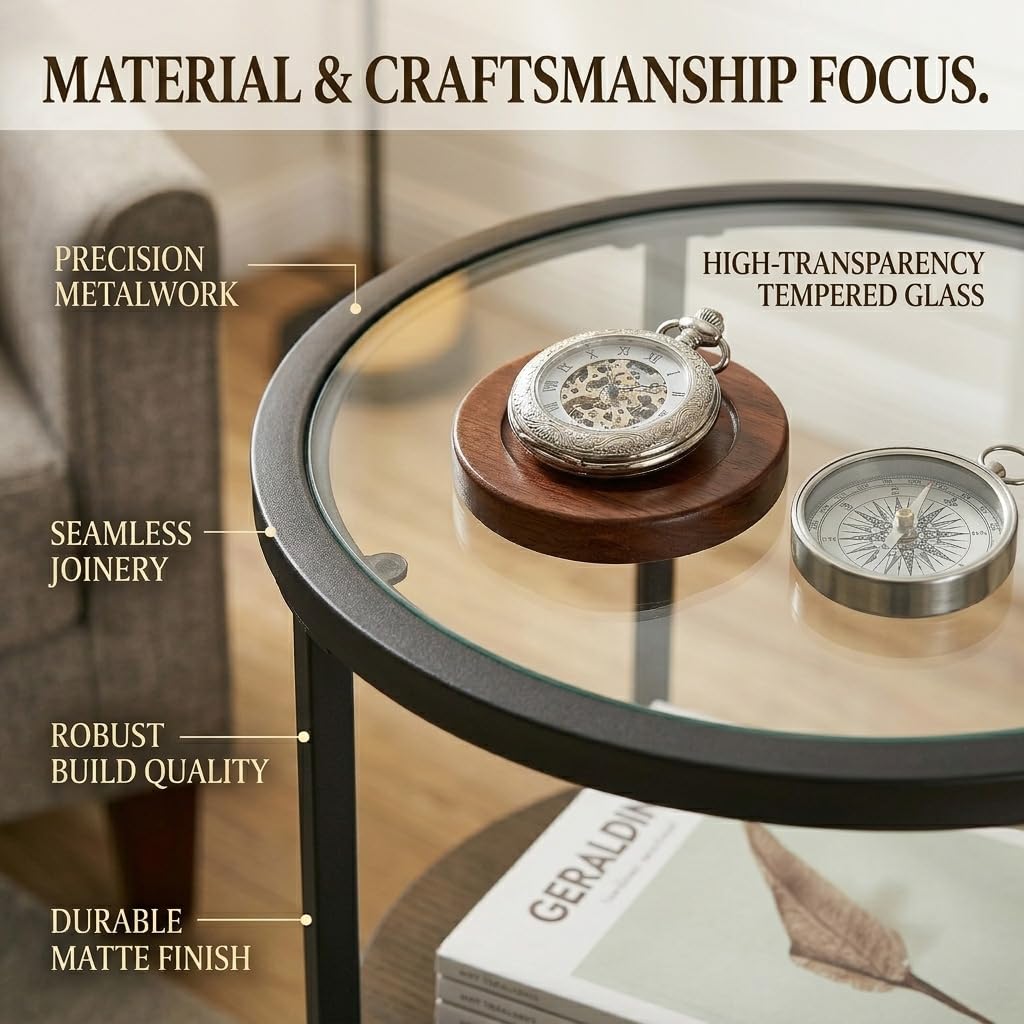 Glass Side Table, 3-Tier Round Side Table with Tempered Glass Top, Black - image 5