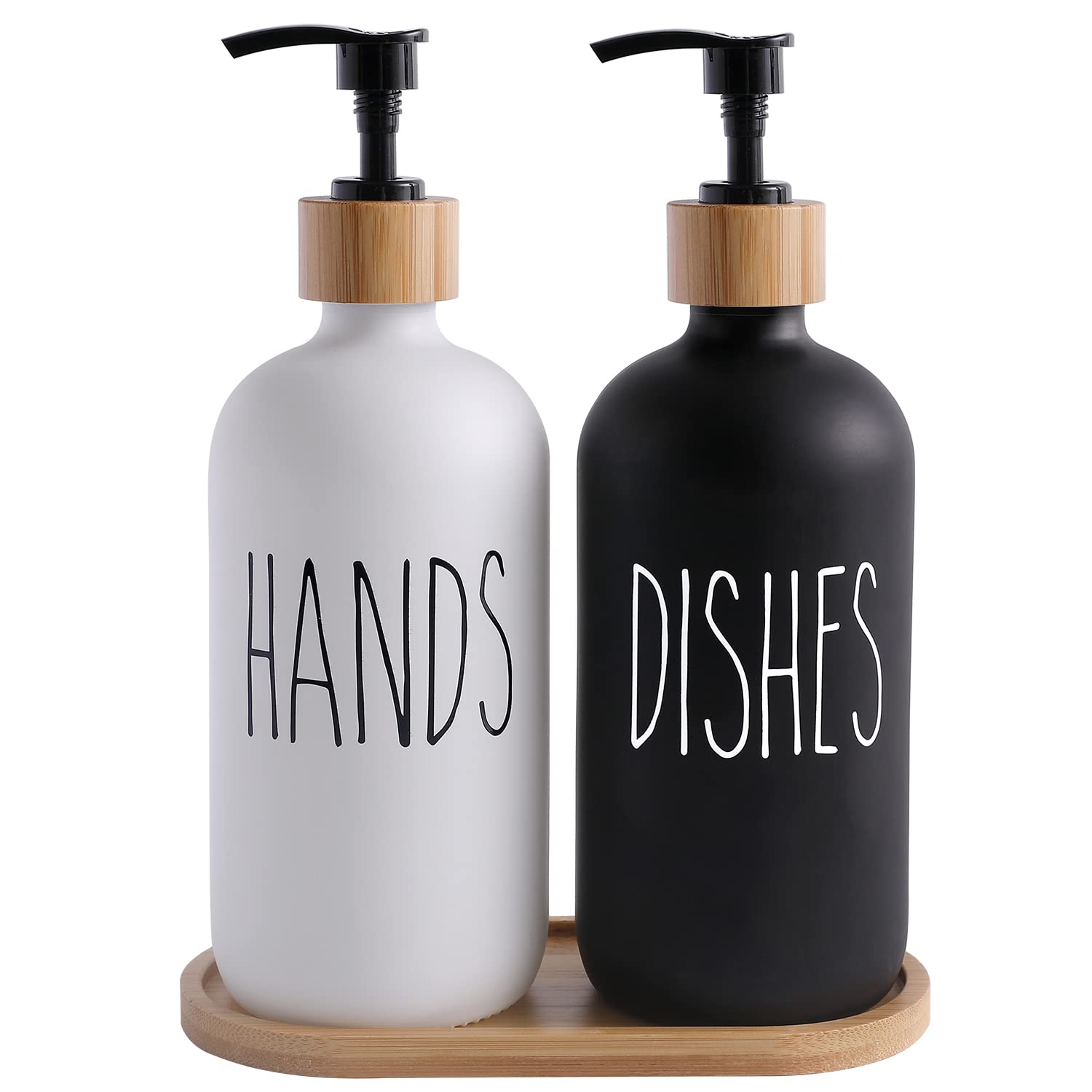 MOMEEMO Glass Hand and Dish Soap Dispenser Set with Bamboo Tray