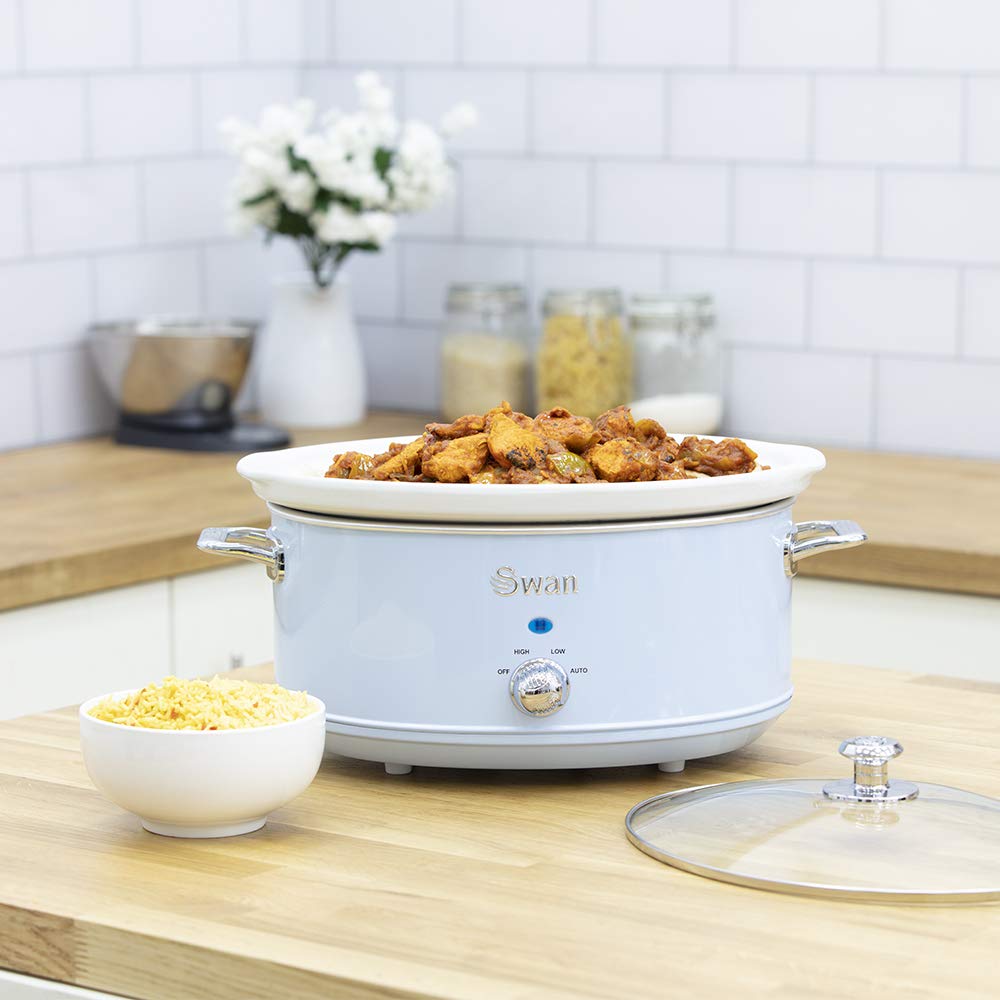 Swan Retro Slow Cooker – 6.5L Ceramic Pot with Keep Warm, Blue