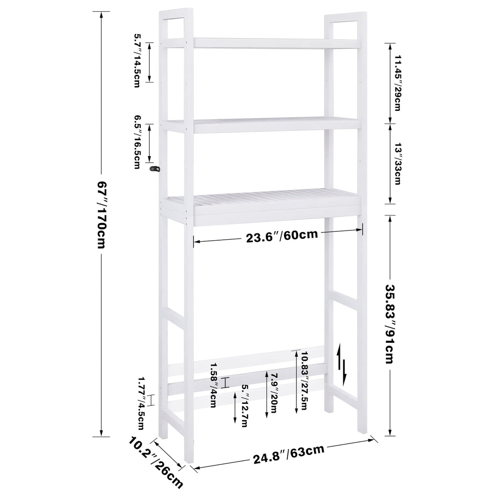 SMIBUY Over-The-Toilet Storage Rack – 3-Tier Adjustable Bamboo Shelf, White