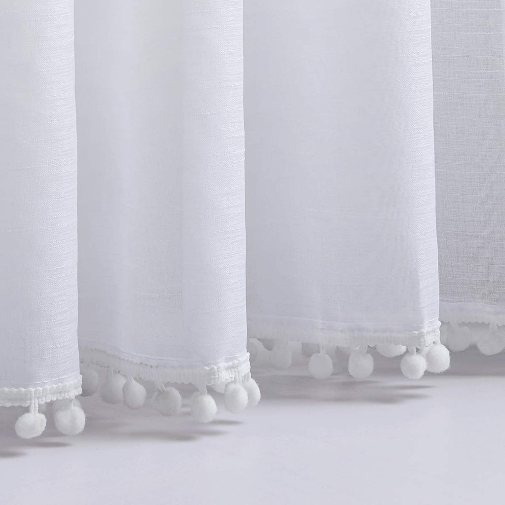 Snow White Pom Pom Sheer Curtains | Linen Look Voile - 52 x 90