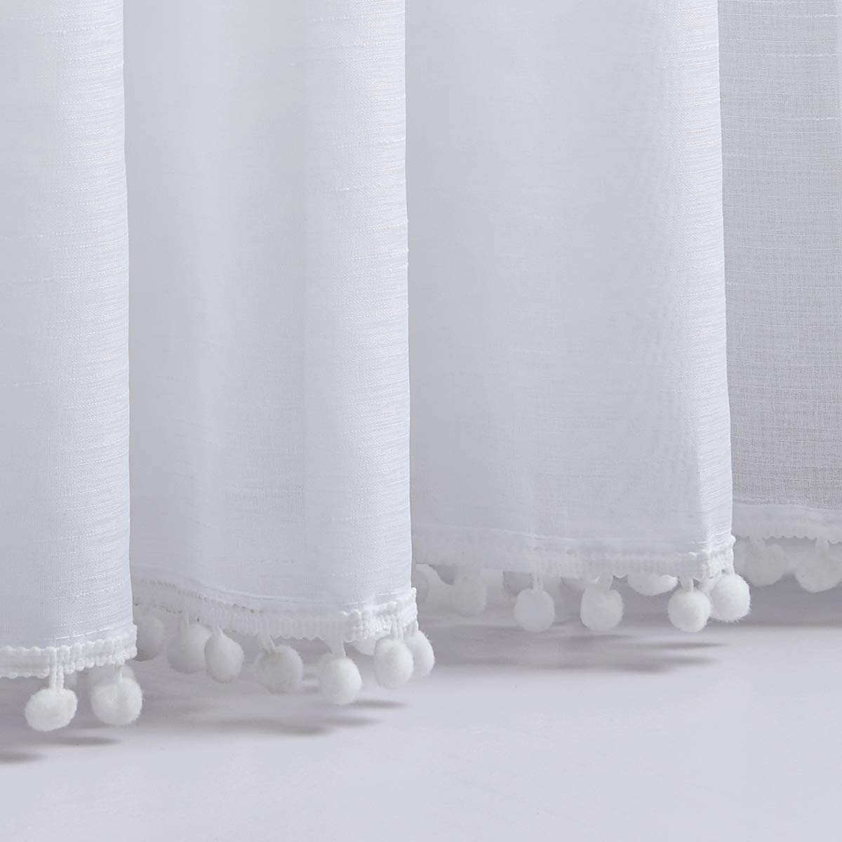 Snow White Pom Pom Sheer Curtains | Linen Look Voile - 52 x 90