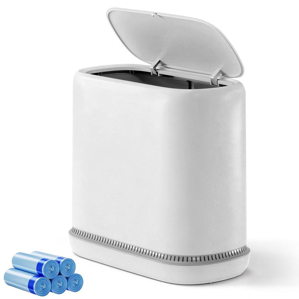 TidyTale Bathroom Trash Can with Lid, Small Slim Garbage Bin with Inner Bucket, Dog Proof Press Top Lid Narrow Wastebasket, Hidden Bag Design - image 1