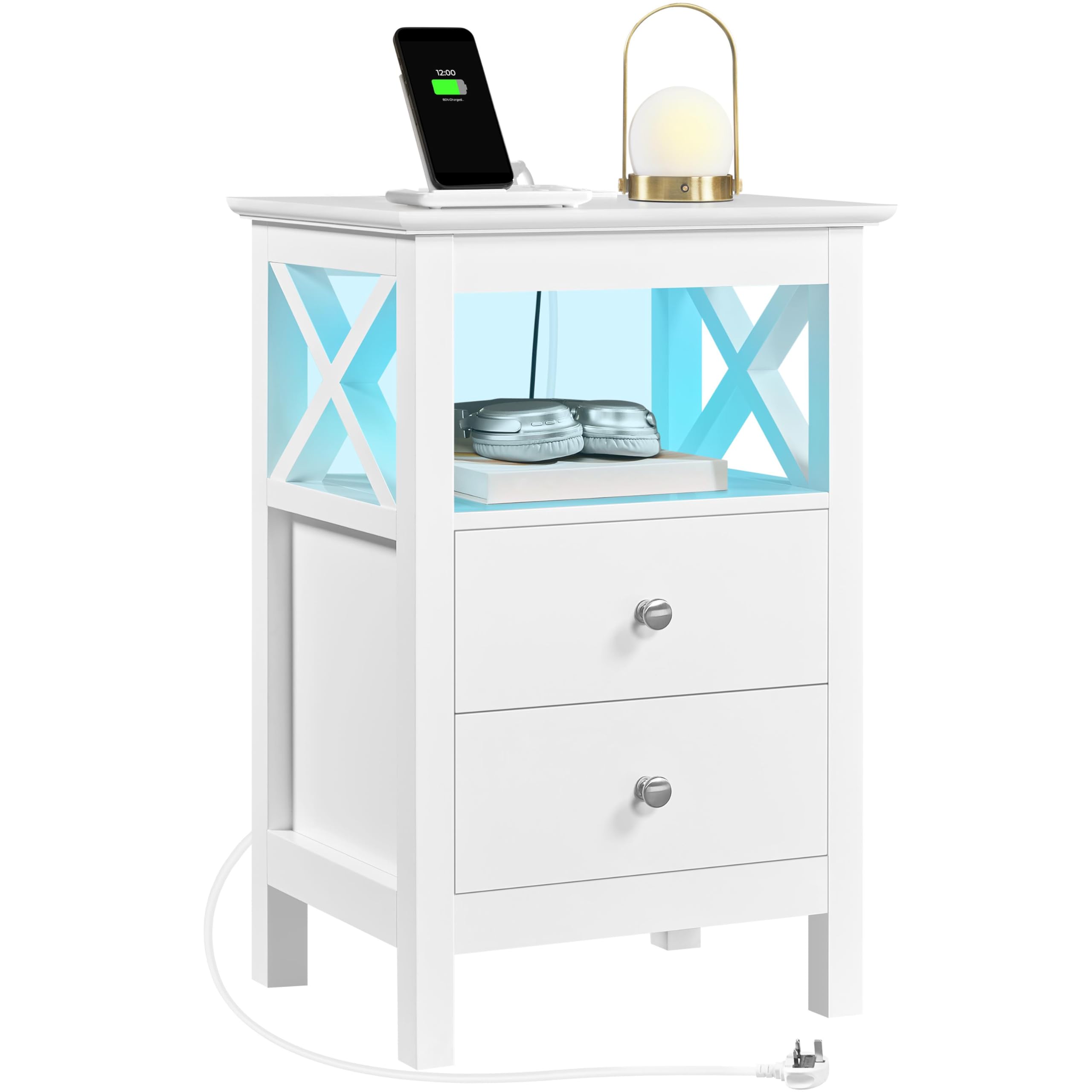 LED Nightstand with Charging Station and 2 Drawers – White