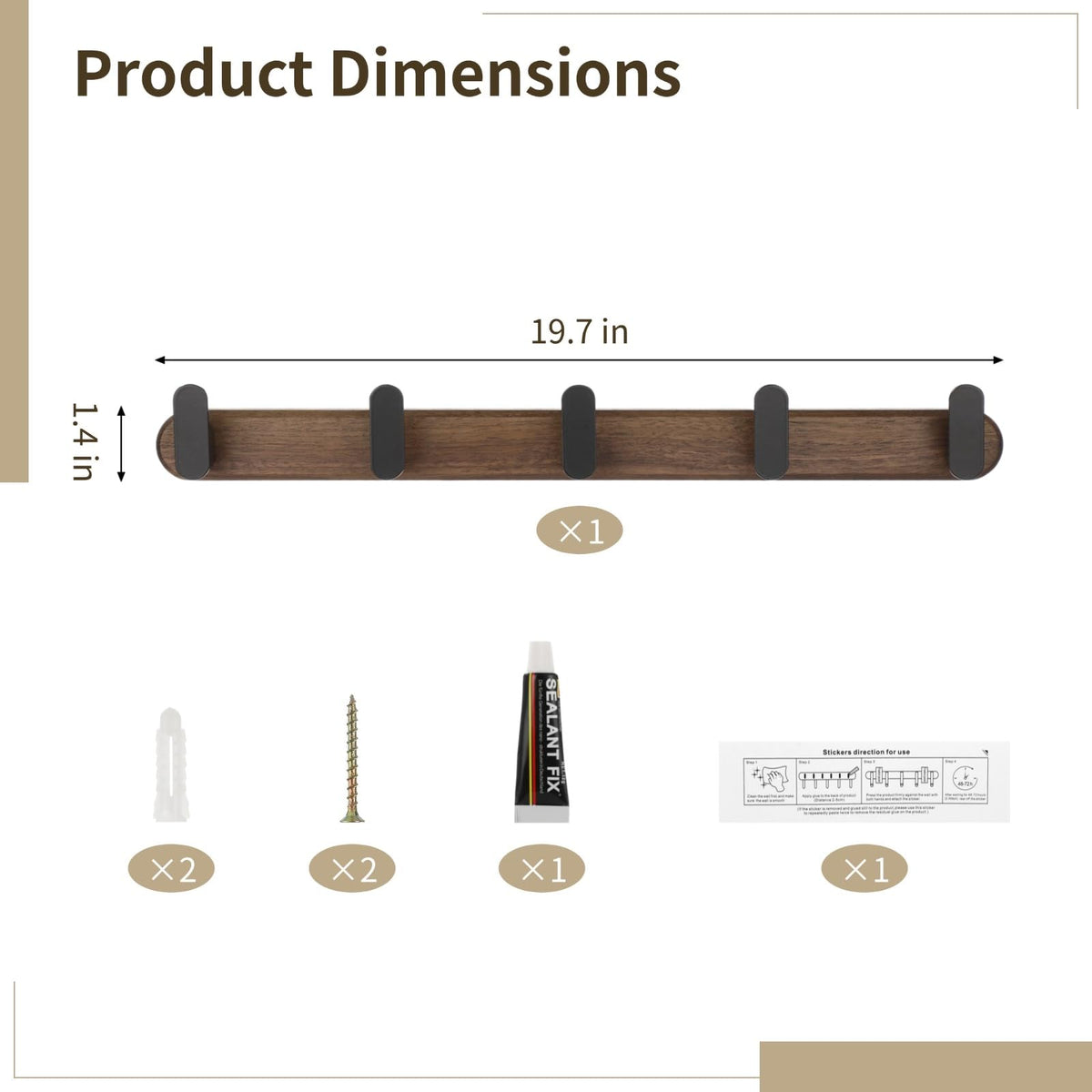 Varku Coat Hooks Wall Mounted, Walnut Wood Coat Hooks, Coat Rack Wall Mounted with 5 Hooks, No-Drill Installation - image 4