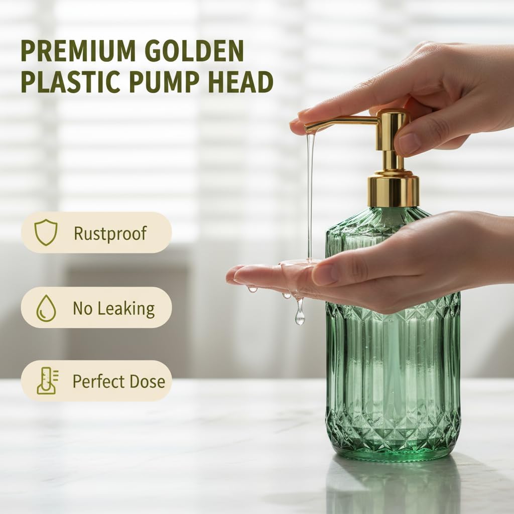 Gem Patterned Glass Soap Dispenser Bottle with Pump, 18Oz Refillable Liquid Hand Jar Dispenser for Bathroom, Countertop, Kitchen, Laundry Room Green - image 5