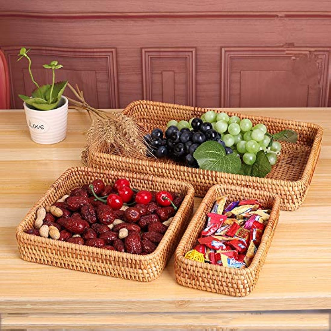 Jolof Store Set of 3 Rectangular Rattan Trays | Woven Wicker Baskets
