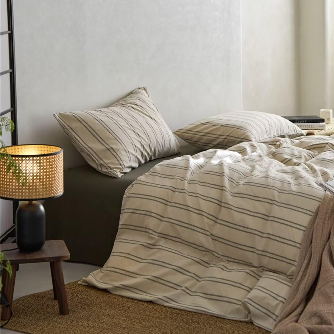Ruccit Washed Cotton Duvet Cover Set – Beige & Green Striped Double Bedding
