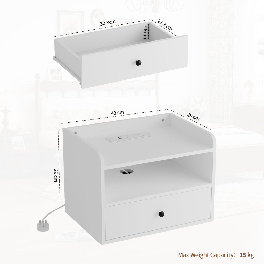 BonVache Set of 2 Floating Bedside Tables, Wall Mounted Bedside Table with Charging Station, Floating nightstand with Open Shelf and Drawer - image 2