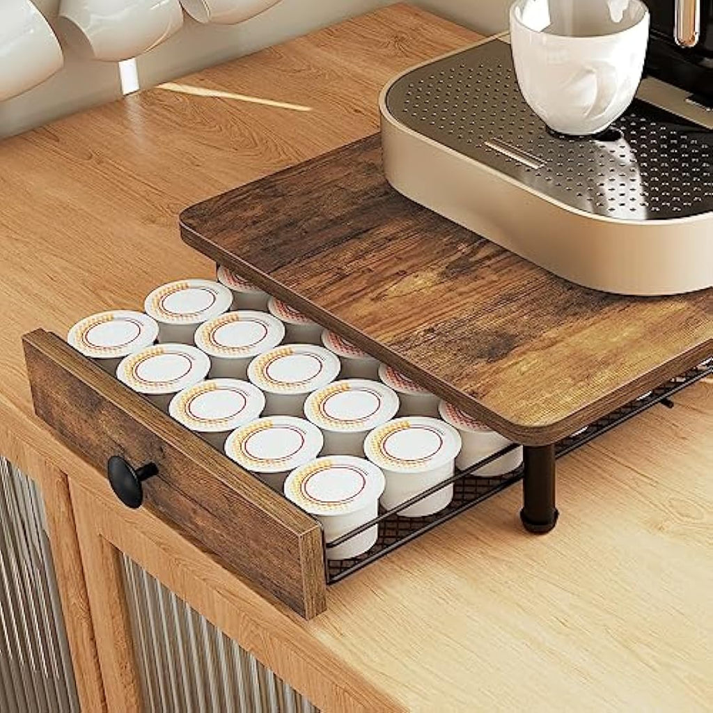 YATINEY Coffee Pod Holder – 35 Capsule Wooden Storage Drawer, Rustic Brown