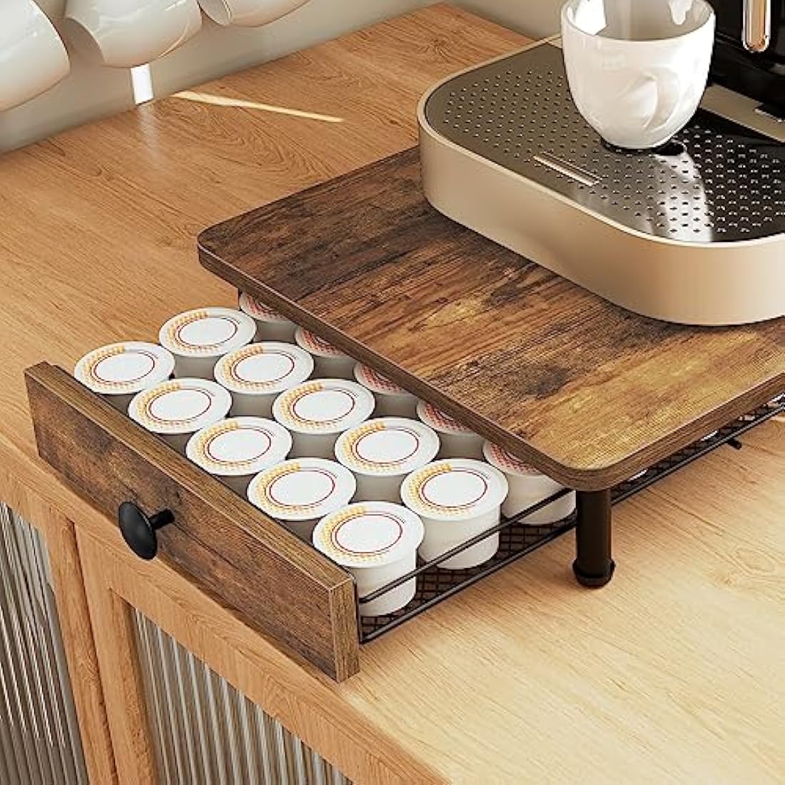 YATINEY Coffee Pod Holder – 35 Capsule Wooden Storage Drawer, Rustic Brown