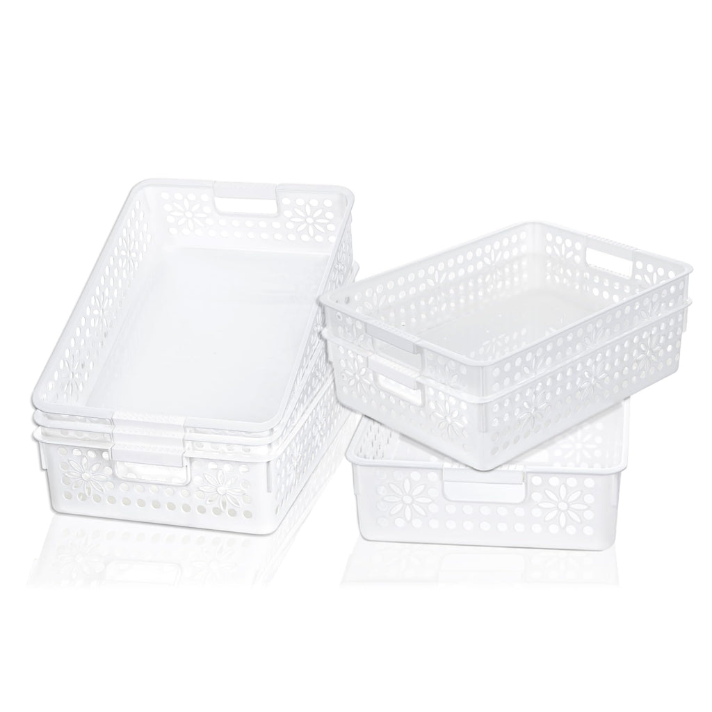Cetomo Plastic Storage Box, Storage Baskets with Handle, Shelf Basket Organizer with Hole, Open Top Storage Bin for Home Kitchen Office, White